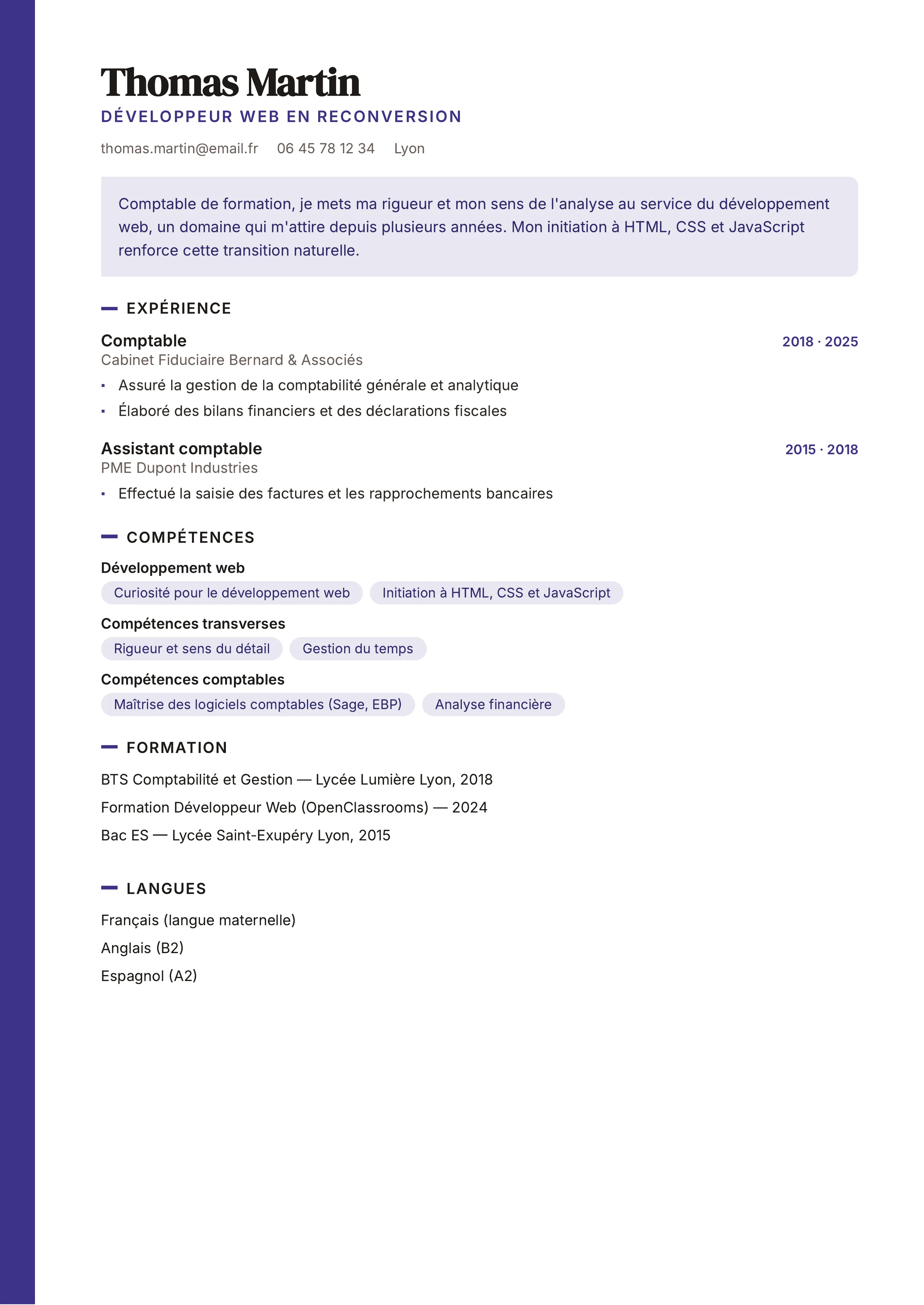Exemple de CV de reconversion professionnelle généré avec Lumia ProLab, mis en page et optimisé pour les logiciels de recrutement